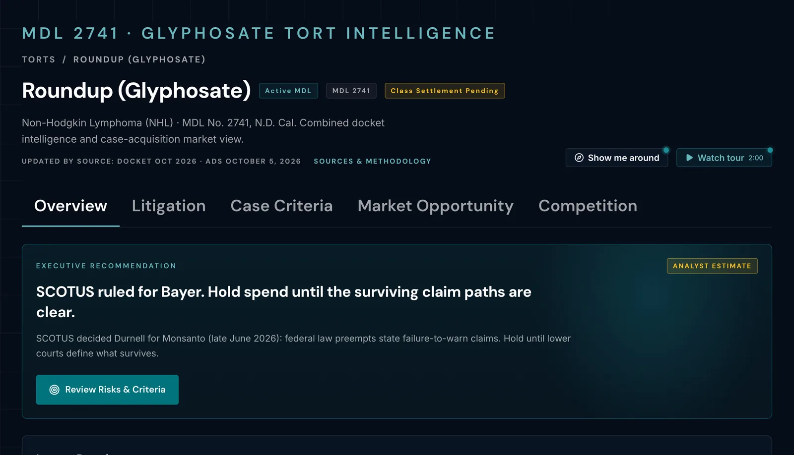 LMI tort dossier for Roundup (glyphosate), MDL 2741, leading with the executive recommendation to hold spend until the surviving claim paths are clear