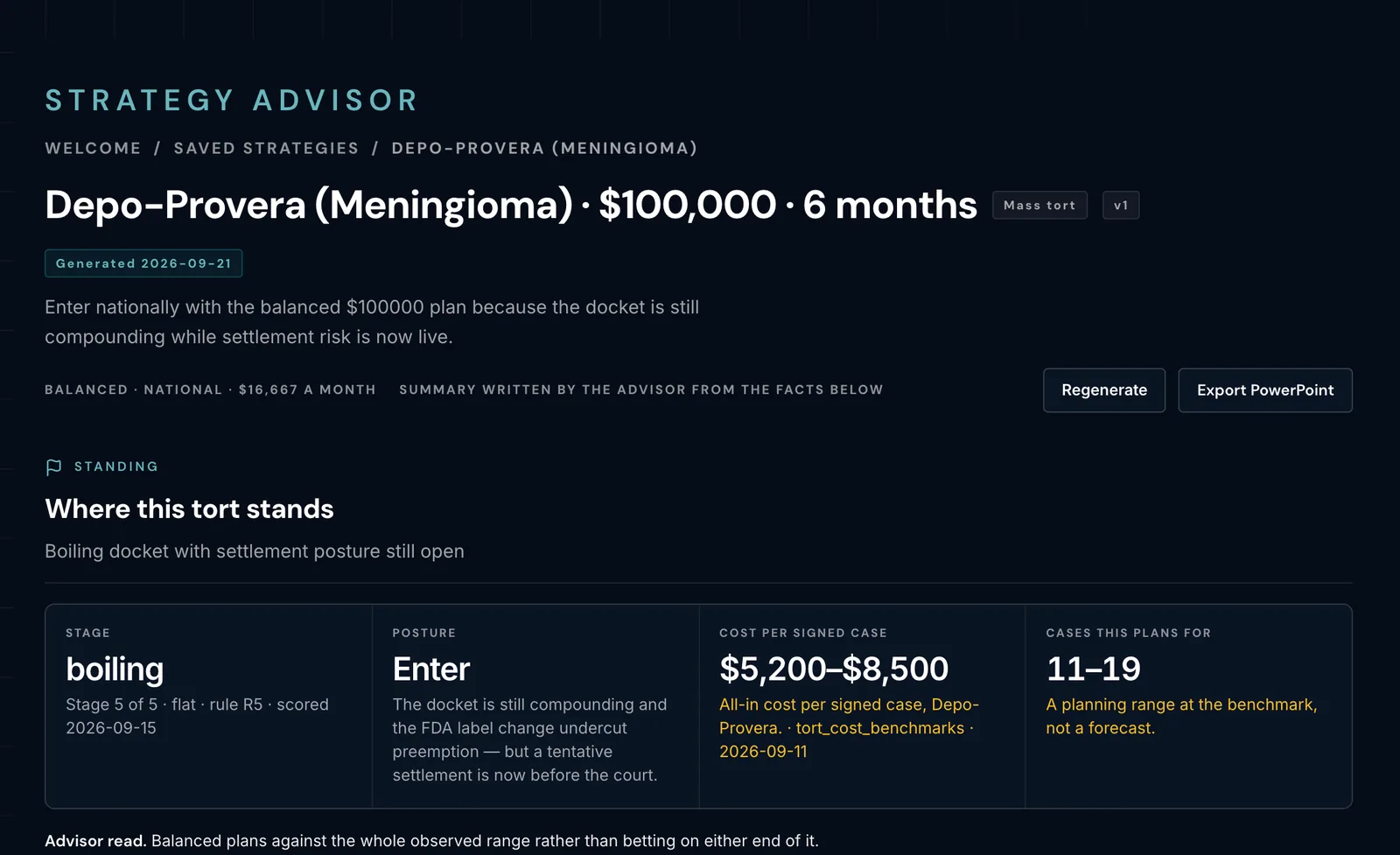 LMI Strategy Advisor plan for Depo-Provera: $100,000 over six months, posture Enter, $5,200 to $8,500 cost per signed case and 11 to 19 cases planned